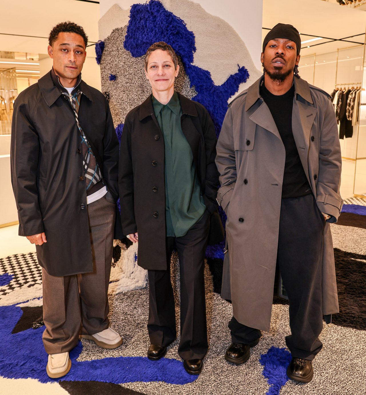 LONDON, ENGLAND - OCTOBER 08: (L to R) Loyle Carner, Bengi Unsal and Gabriel Moses attend the Burberry Art Talks on October 8, 2024 in London, England. (Photo by Max Cisotti/Dave Benett/Getty Images for Burberry)