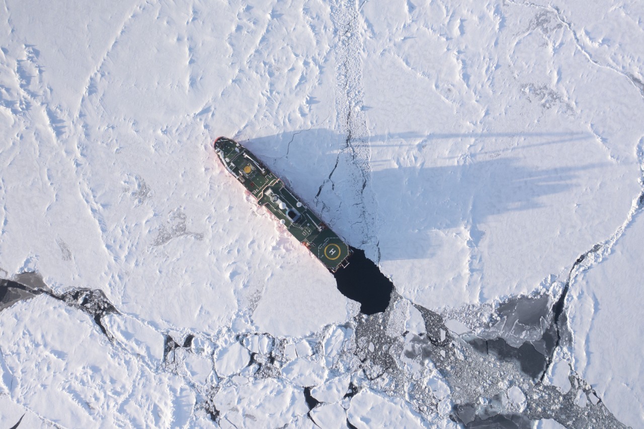 The  S.A. Agulhas II surrounded by sea ice as it makes its way towards the coordinates to find the Endurance. (Credit: Falklands Maritime Heritage Trust/James Blake)