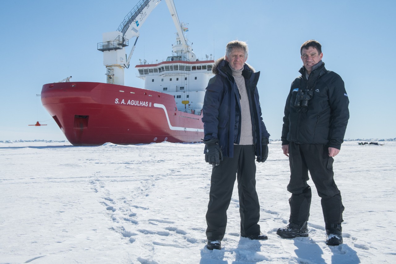 Mensun Bound and John Shears on the ice in the Antarctic.  (credit: National Geographic/Esther Horvath)